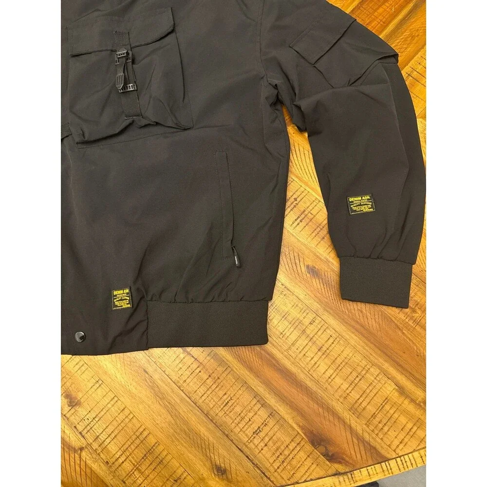 YSLB Men’s Black Multi Pocket Cargo Bomber Jacket Techwear Windbreaker L